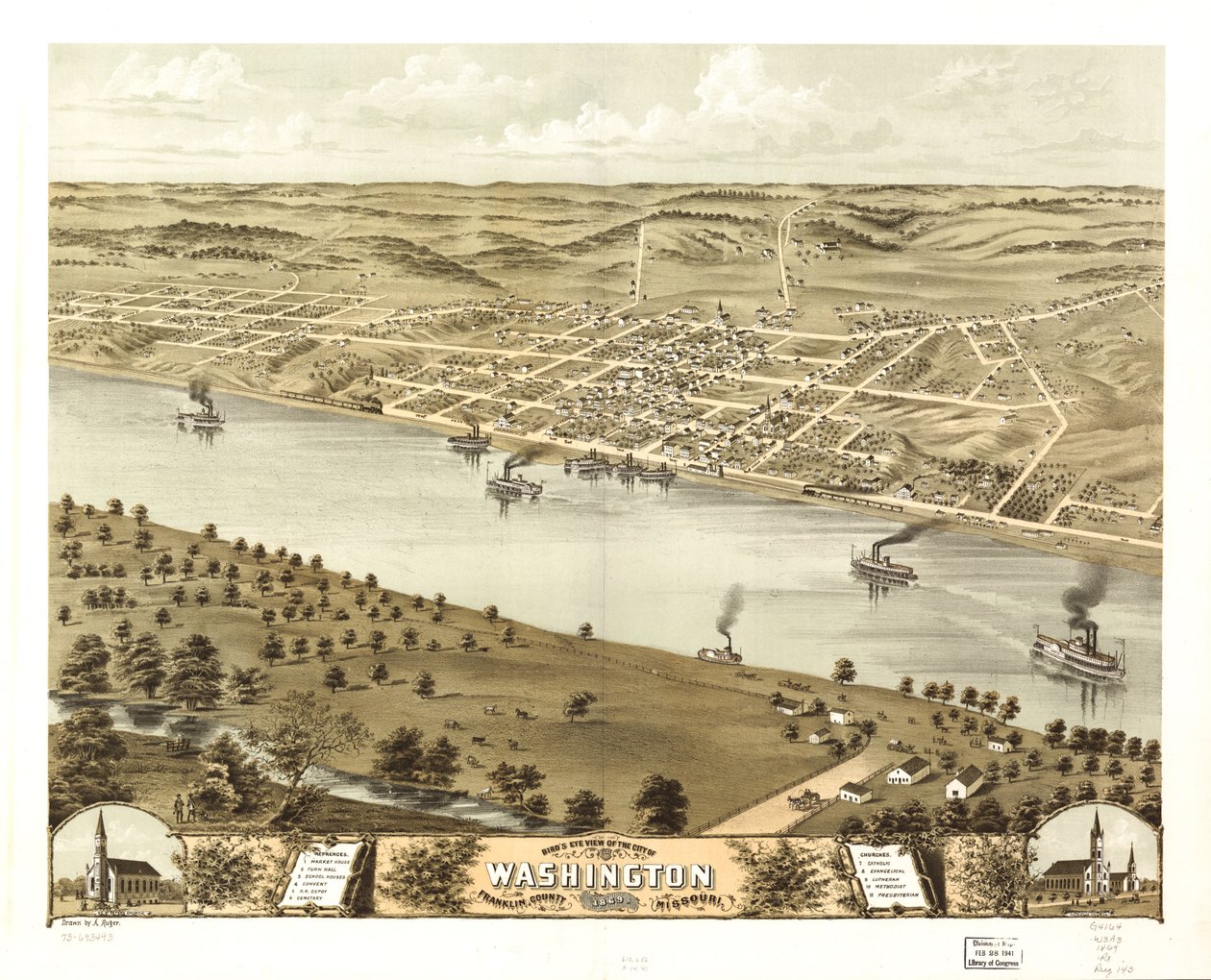 Washingtonin kaupunki lintuperspektiivistä, Franklinin piirikunta, Missouri 1869. LOC 73693493 tekijältä A. Ruger