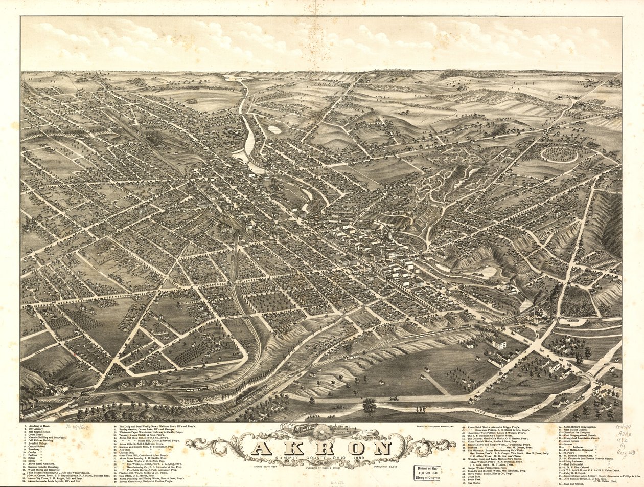 Panoraamanäkymä Akronin kaupunkiin, Summit County, Ohio 1882 tekijältä A. Ruger Ruger