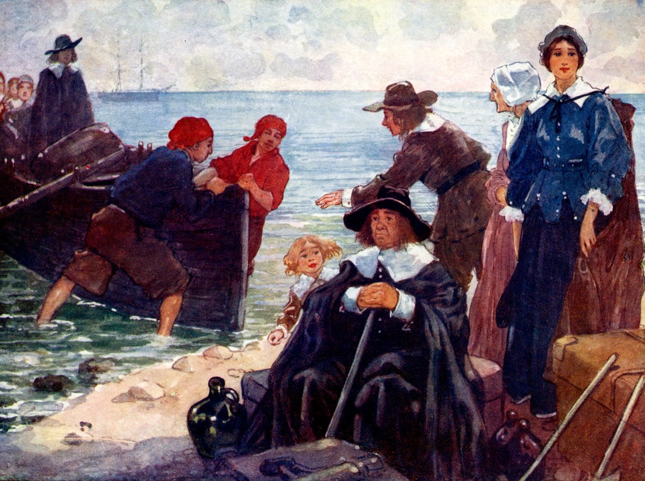 Joukko maanpakolaisia kiinnittyy kuorensa villiin New Englandin rannikolle, 1620, 1905. tekijältä A. S. Forrest