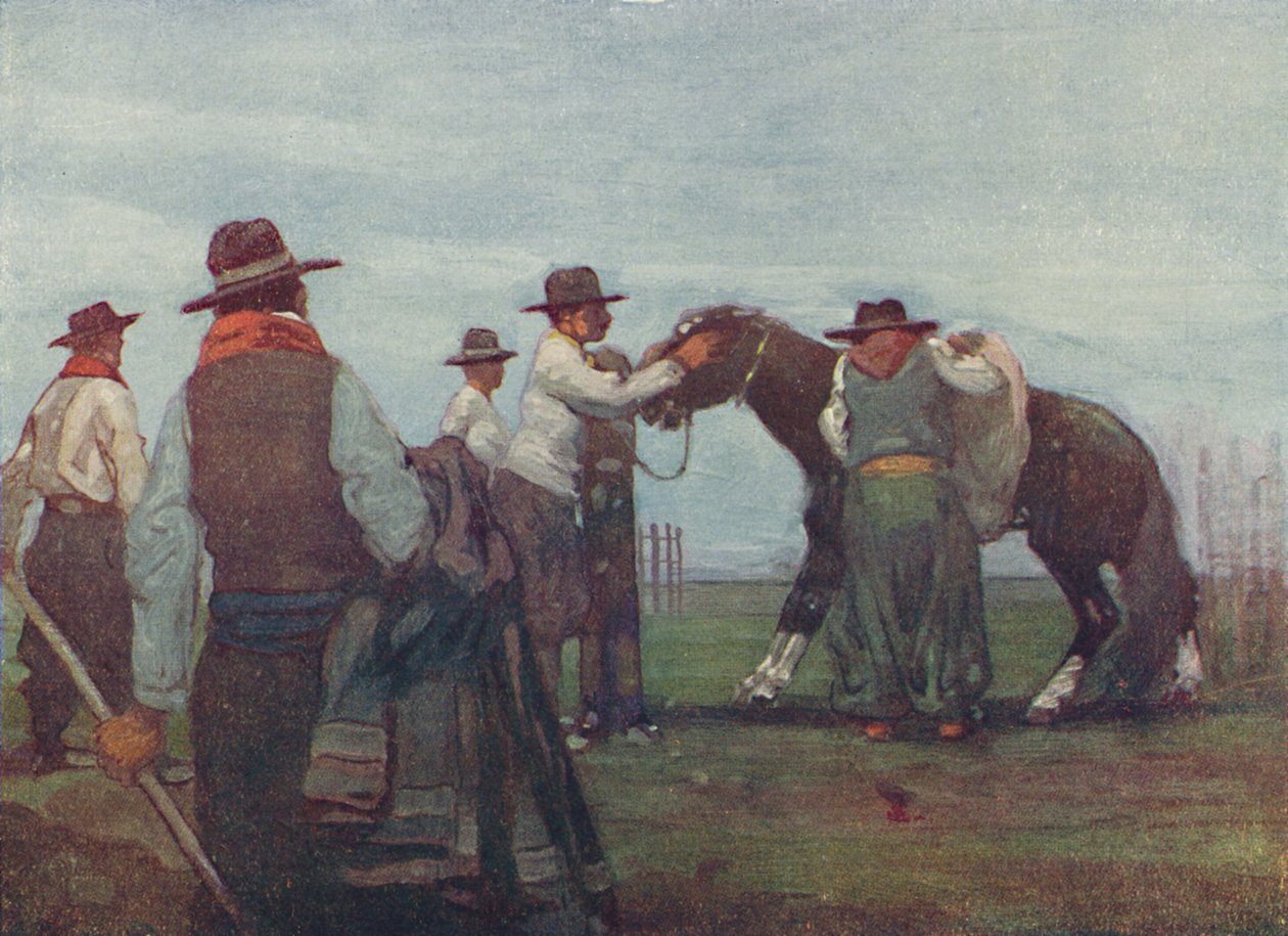 Gauchot murtautumassa nuoreen hevoseen, 1916 tekijältä A. S. Forrest