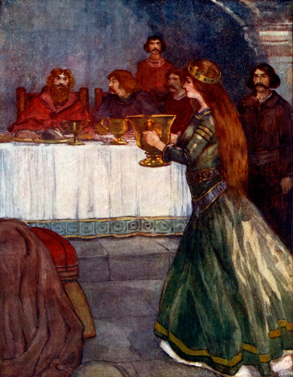 Rowena tuli huoneeseen mukanaan kaunis kultainen kuppi, c430 jKr, 1905 tekijältä A. S. Forrest