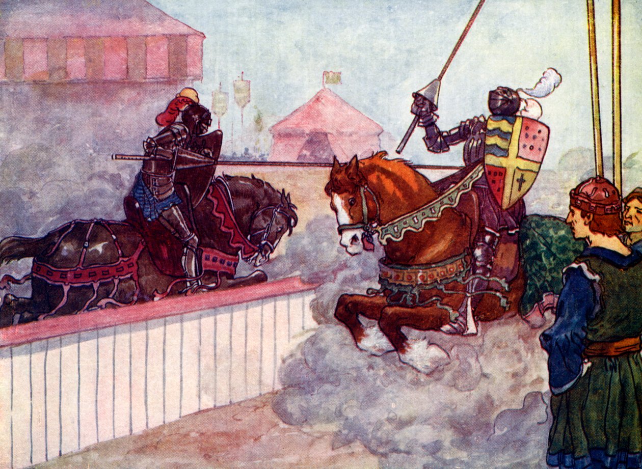 Kreivi ratsasti uudestaan ja uudestaan Edwardin kimppuun, kunnes hänen keihänsä repesi hänen käteensä, c1270, 1905. tekijältä A. S. Forrest