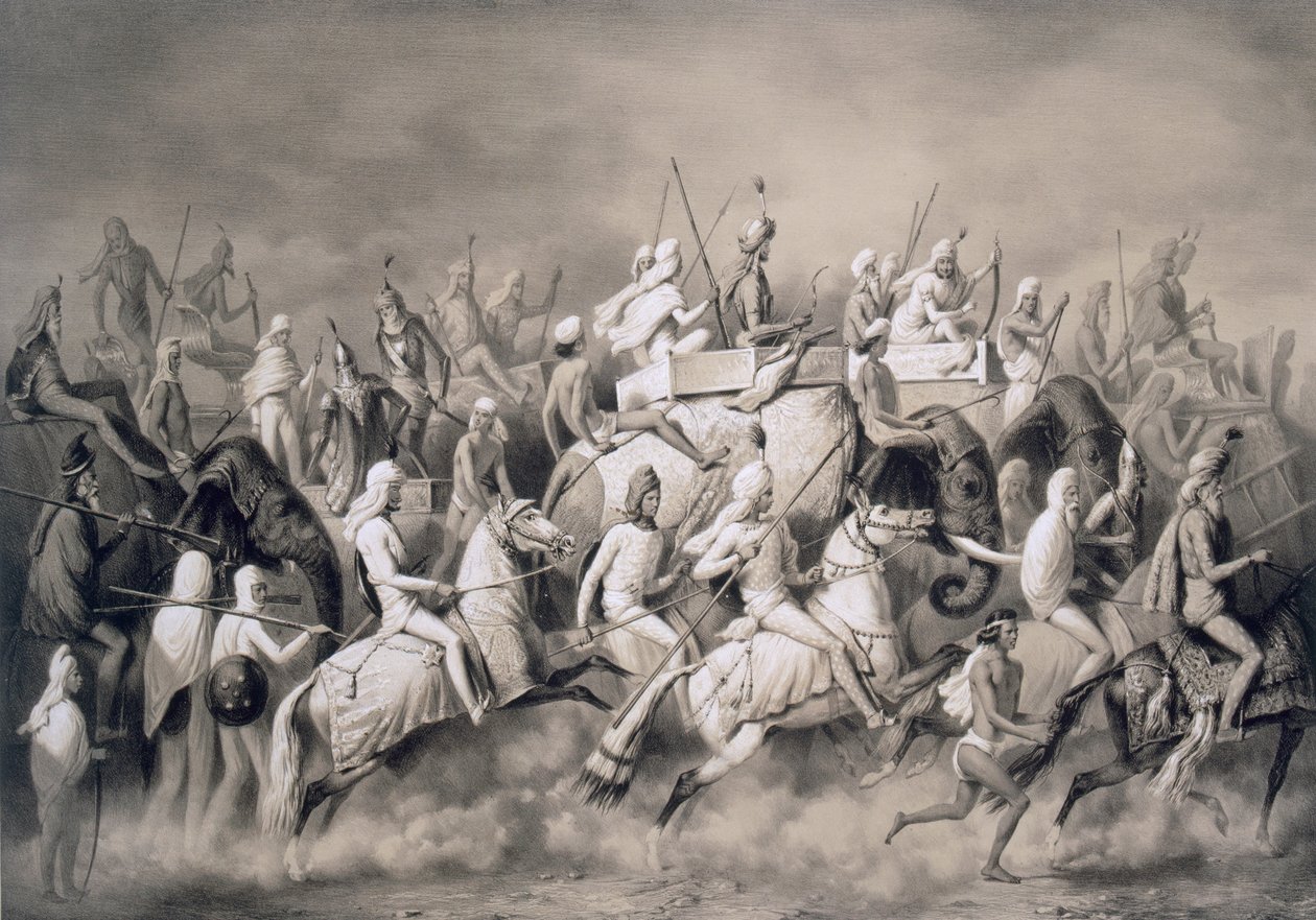 Chir Singh, sikhien maharadža ja Punjabin kuningas seuran kanssa metsästämässä Lahoren lähellä, 1859 tekijältä A. Soltykoff