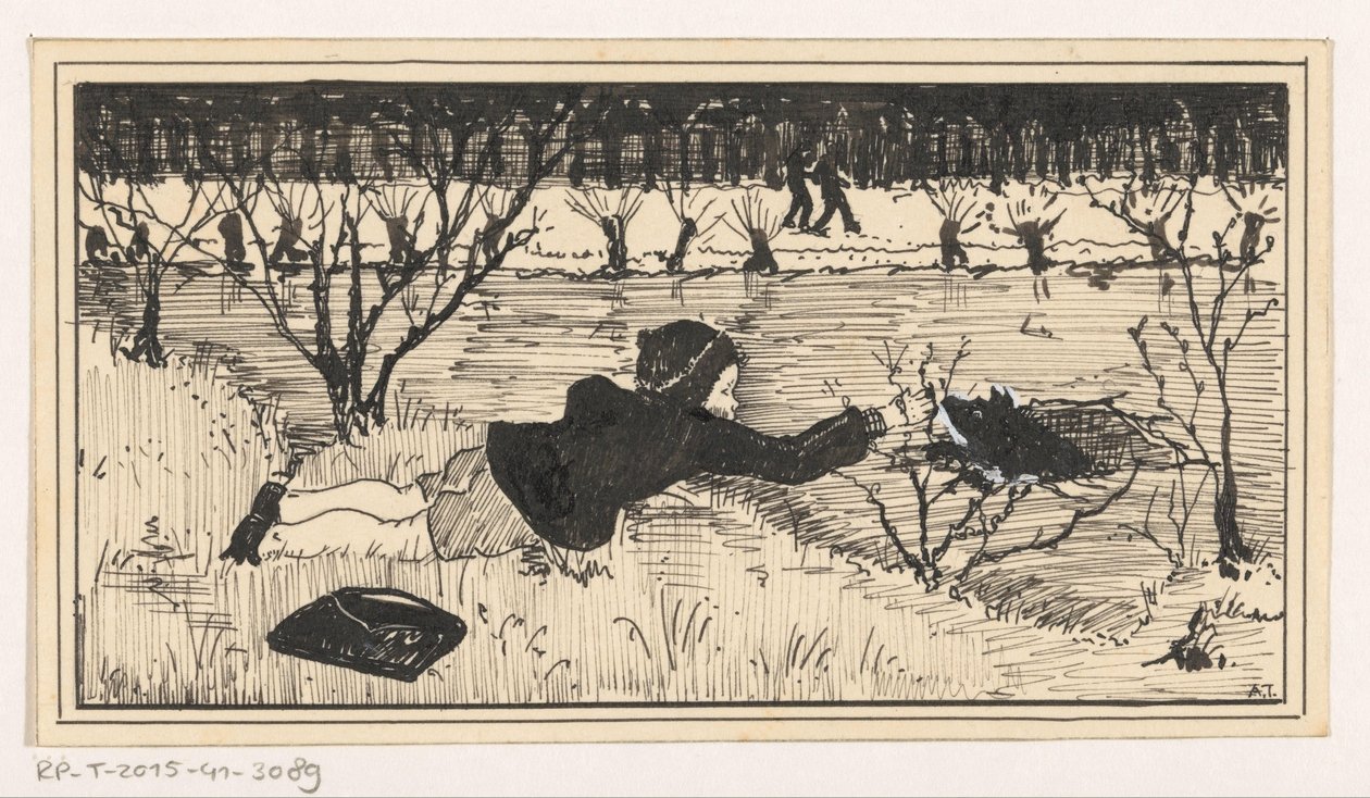 Tyttö yrittää pelastaa koiran heräämisestä tekijältä A. Tinbergen (signed by artist)