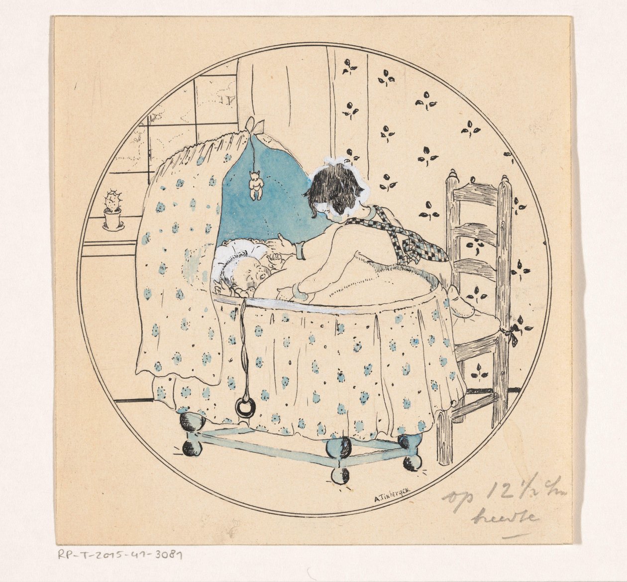 Tyttö haluaa nostaa vauvan sängystä tekijältä A. Tinbergen (signed by artist)