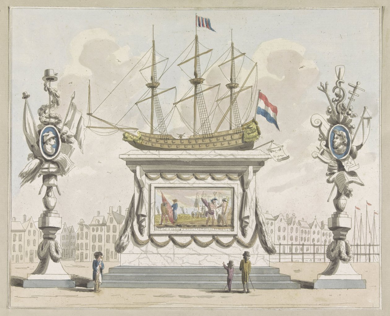 Kauppa ja merenkulku, koristelu Nieuwmarktilla, 1795 Kymmenen lautasta Amsterdamin Alliantiefeestin koristeista vuonna 1795 (sarjan nimi) tekijältä A. Verkerk