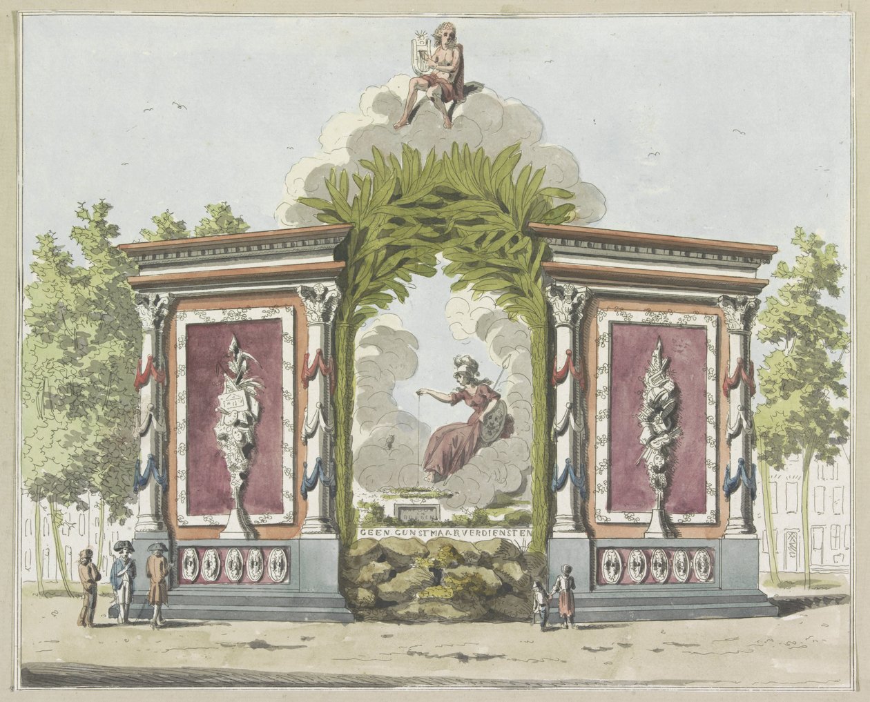 Taide ja tieteet, koristelu Noordermarktilla, 1795 Kymmenen lautasta Amsterdamin Alliantiefeestin koristeista vuonna 1795 (sarjan nimi) tekijältä A. Verkerk
