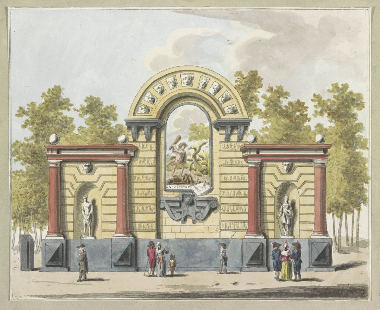 Aristokratian tuho, Westermarktin koristelu, 1795 Kymmenen lautasta Amsterdamin Alliantiefeestin koristeista vuonna 1795 (sarjan nimi) tekijältä A. Verkerk