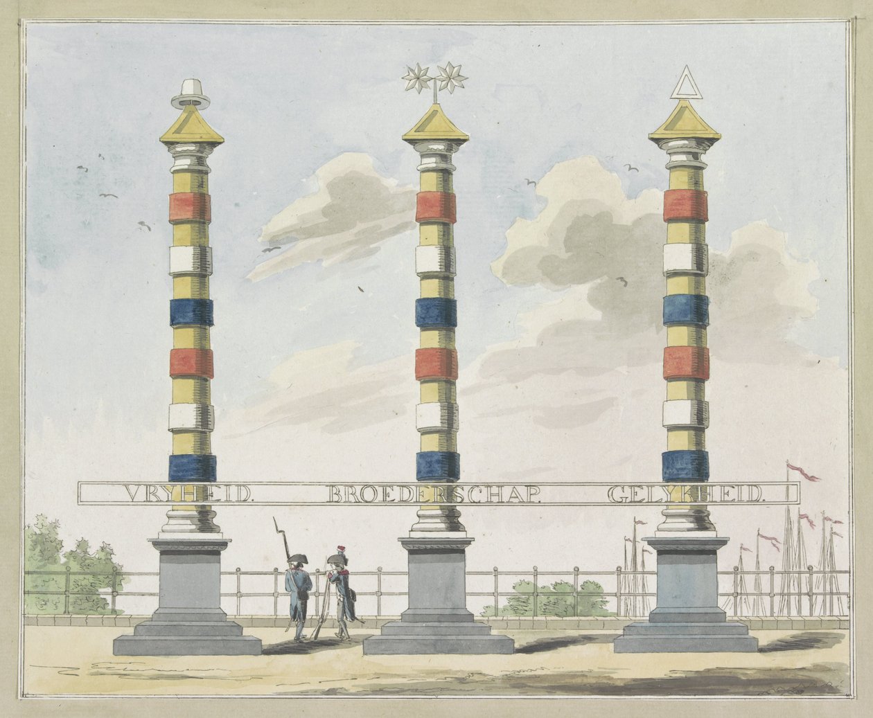 Vapaus, veljeys ja tasa-arvo, koristelu Hogesluissa, 1795 Kymmenen lautasta Amsterdamin Alliantiefeestin koristeista vuonna 1795 tekijältä A. Verkerk