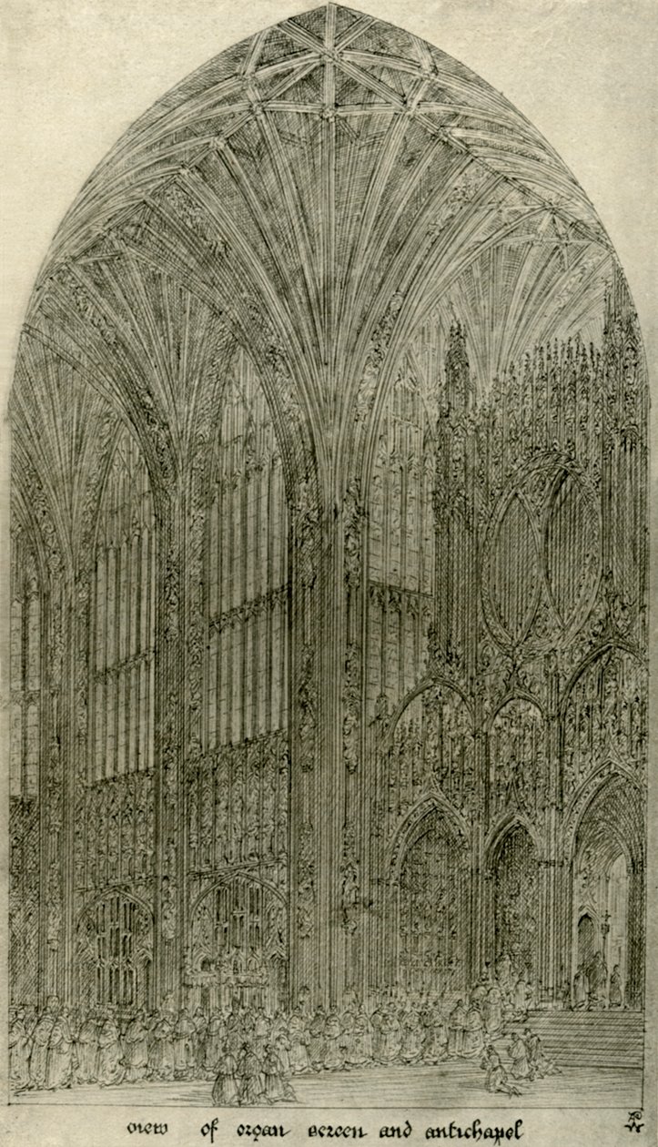 Arkkitehtoninen piirustus: näkymä urkuverhosta ja antikappelista, 1833-1834, 1906. tekijältä A. W. N. Pugin