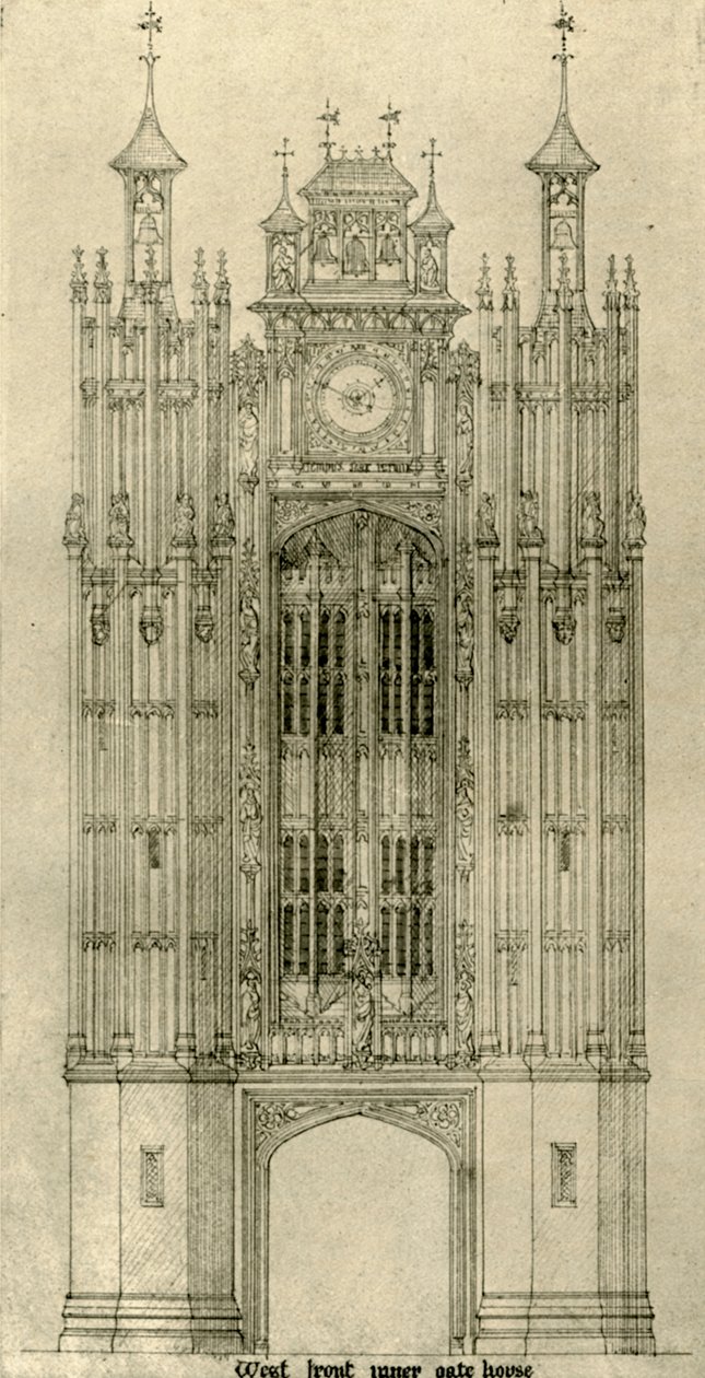 Arkkitehtipiirustus: lännen etupuolen sisäporttitalo, 1833-1834, 1906. tekijältä A. W. N. Pugin