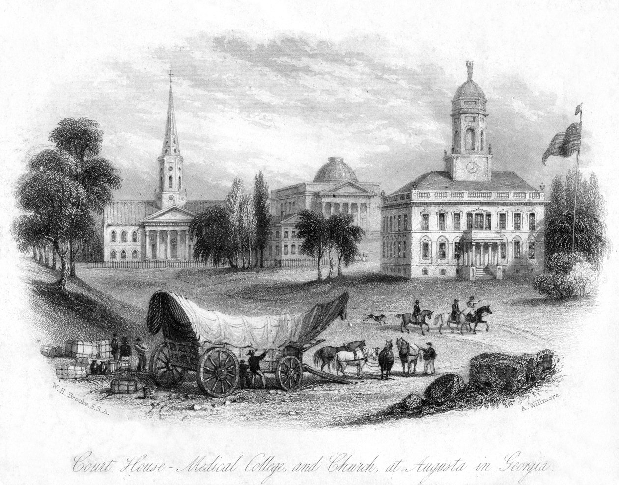 Oikeustalo, Medical College and Church, Augusta, Georgia, USA, 1800-luku. tekijältä A. Willmore