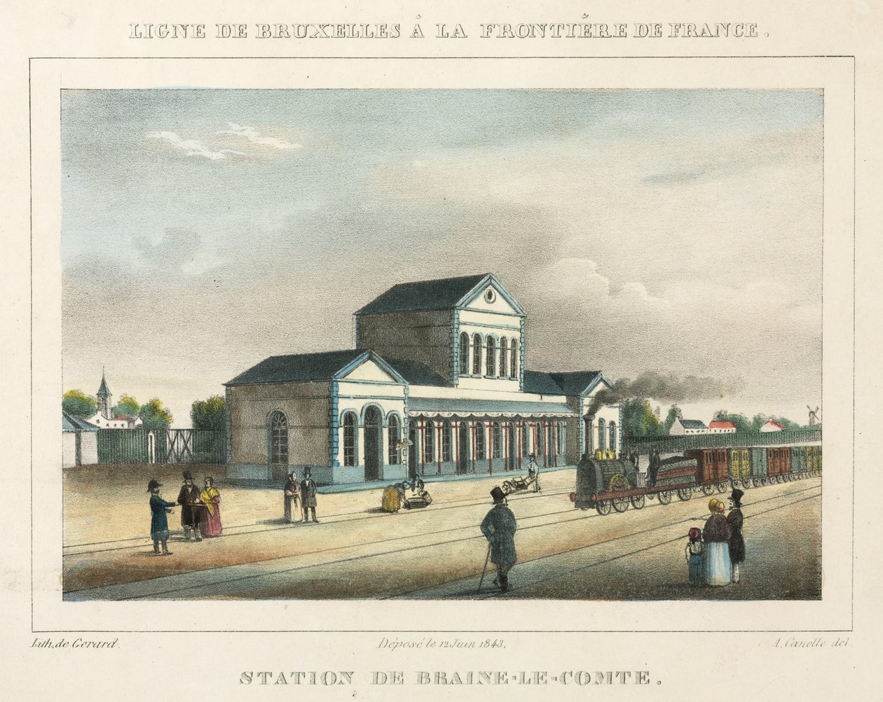 Braine-le-Comten asema, Belgia, kaivertanut Gerard, 1843 tekijältä A. after Canelle