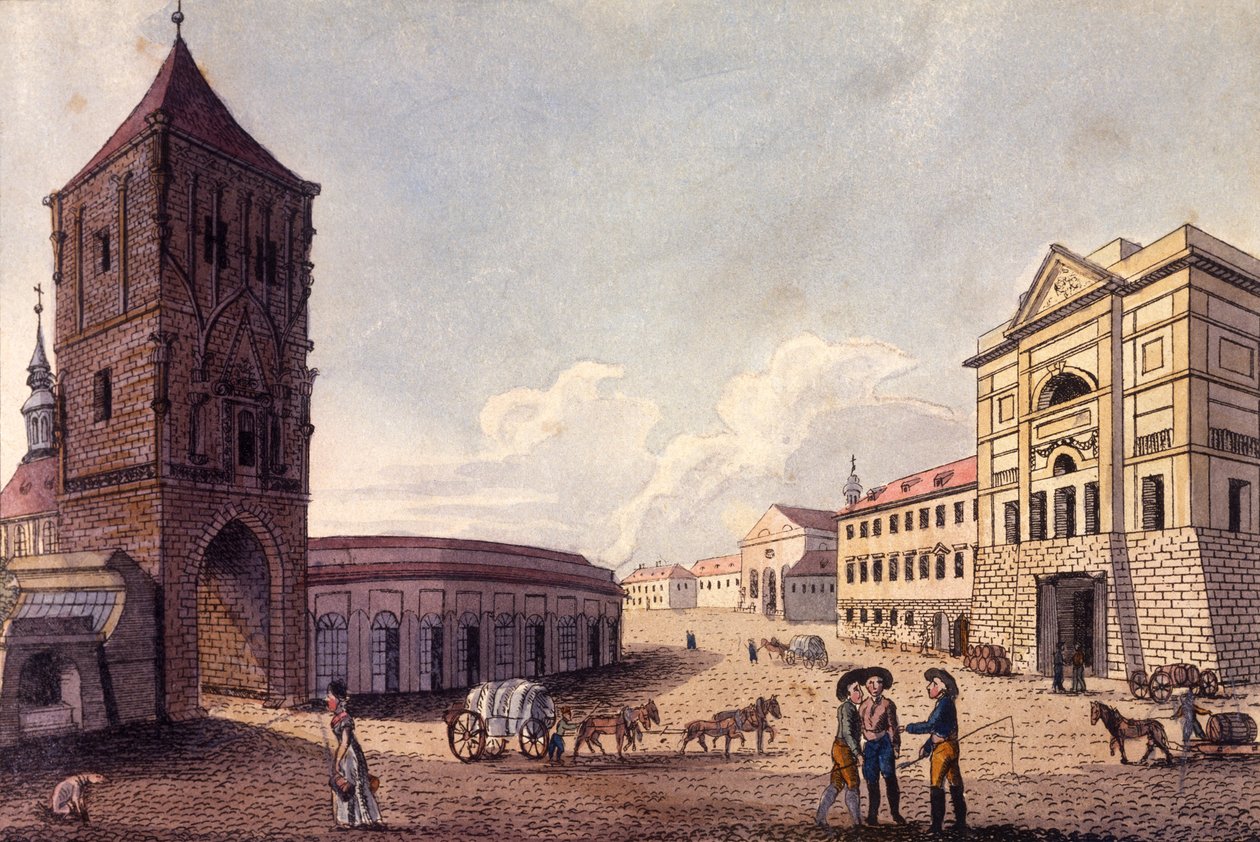 Ruutitorni ja Hybernin tullitalo, Praha, n. 1810 (värillinen etsaus) tekijältä A. and Berka, Johann Gustav