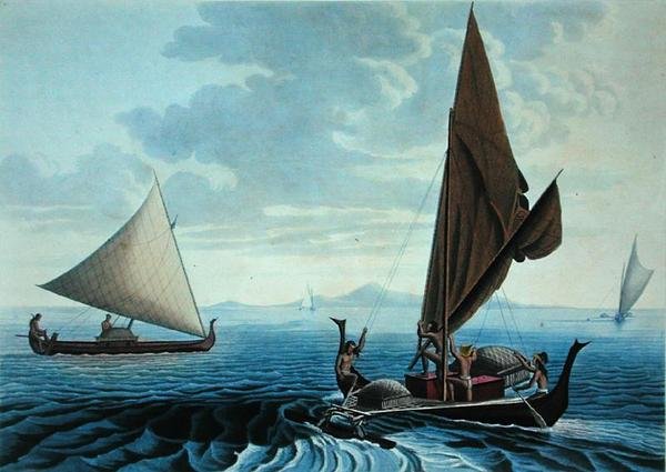 Näkymä Tinianin saarelle: Korsun kanootit Caroline-saarilta, Coutantin kaivertama Voyage Autour du Monde sur les Corvettes de L
