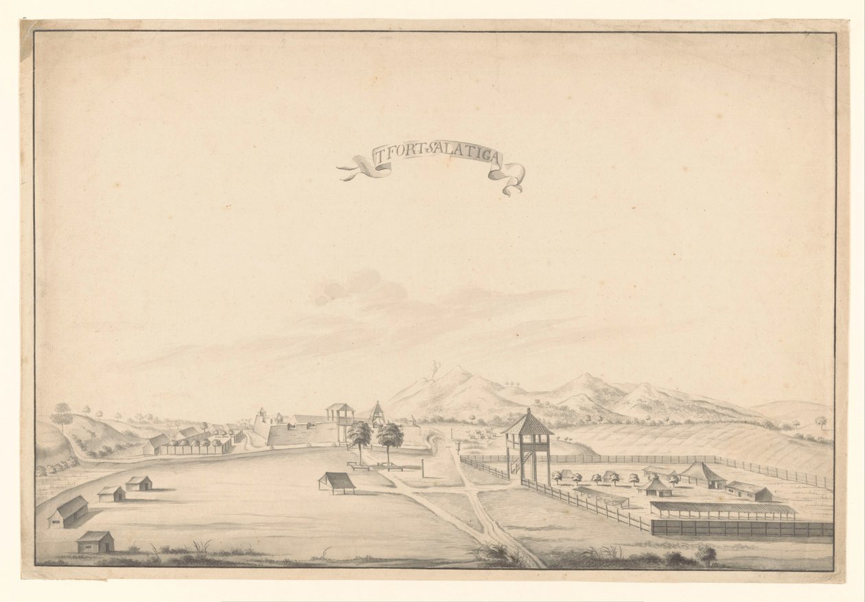 Näkymä Salatigan linnoitukselle t Fort Salatiga (otsikko esineessä) tekijältä A. de Nelly (possibly)