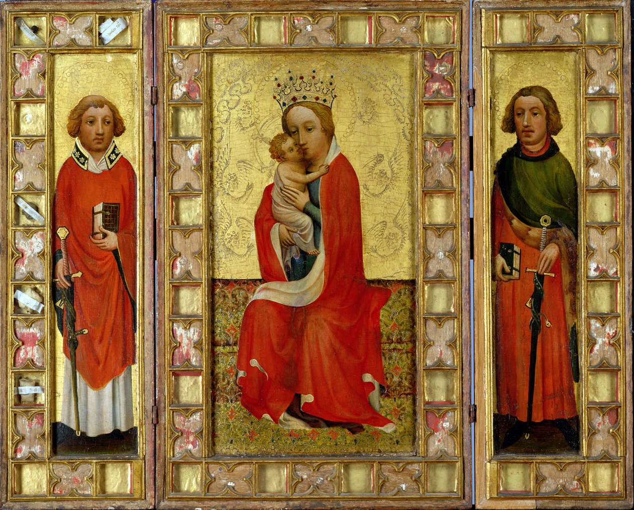 Madonna ja lapsi sekä pyhimykset Cyricus ja Pancratius, noin 1380 (tempera ja lehtikulta paneelille). tekijältä Aachen Master