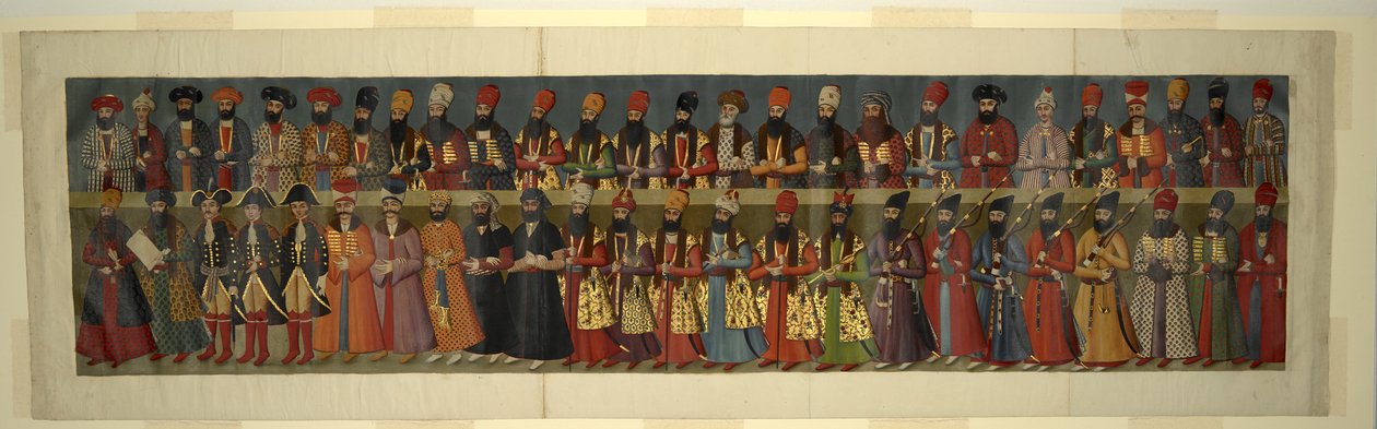 Tai. 1242 Kopio suuresta seinämaalauksesta Nigaristanin palatsissa. Fath Ali Shahin tuomioistuin brittiläisten lähettiläiden Sir John Malcolmin, Sir Harford Jones Brydgesin ja Sir Gore Ouseleyn kanssa tekijältä Abdallah (after) Khan