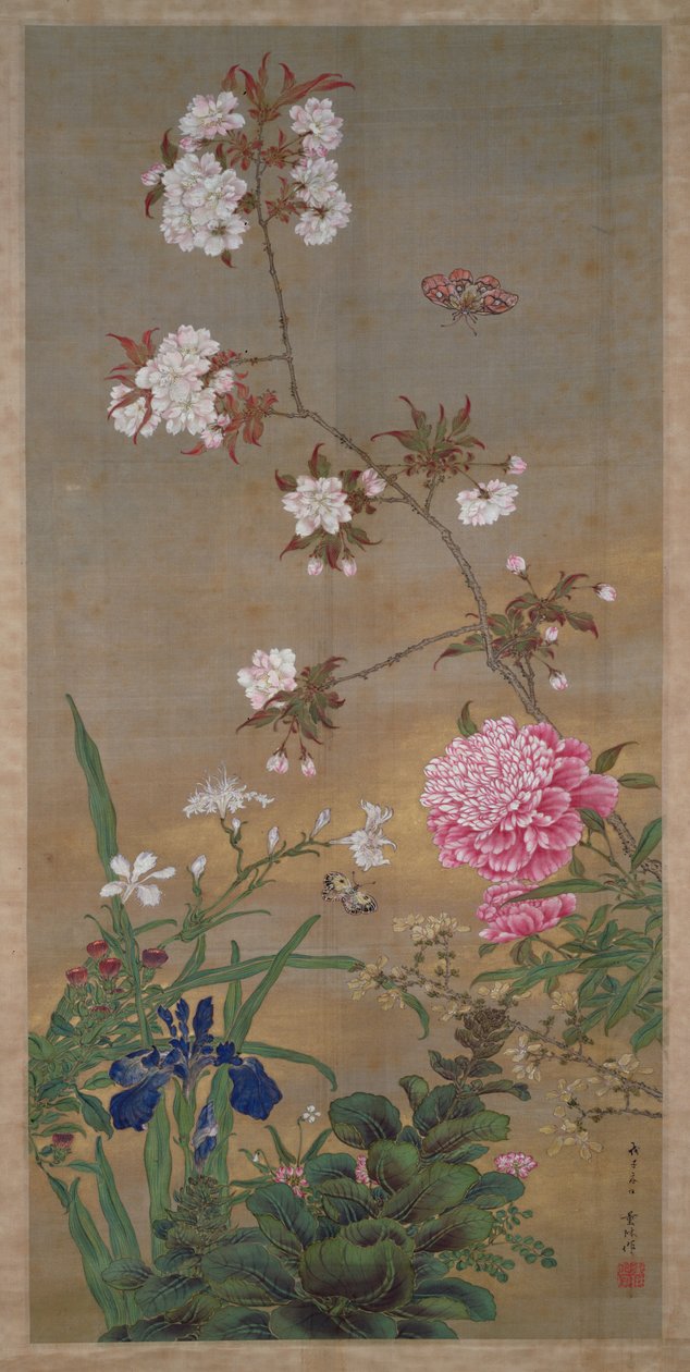Pioni, iiris, kirsikankukka ja perhonen, 1828 (muste, värit ja kulta silkillä) tekijältä Abe Kan Torin
