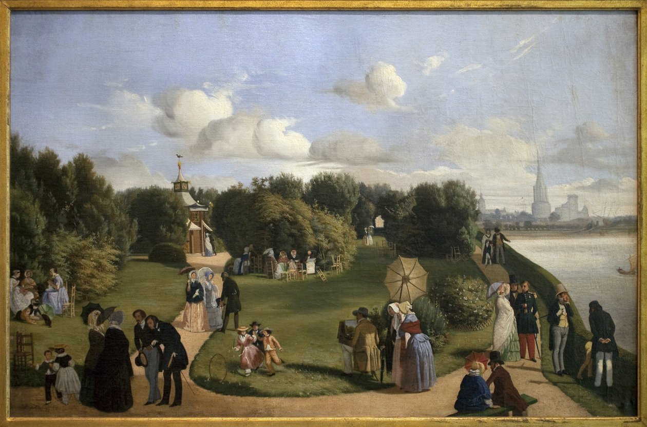 Näkymä Rochellelle (Marie Theresen kylpypuutarha). Porvariston hahmoja puistossa: pari juttelee penkillä, miehet tervehtivät naisia, lapsi leikkii vanteella... Alexandre Abel de Pujolin (1785-1861) maalaus, öljy kankaalle tekijältä Abel de Pujol