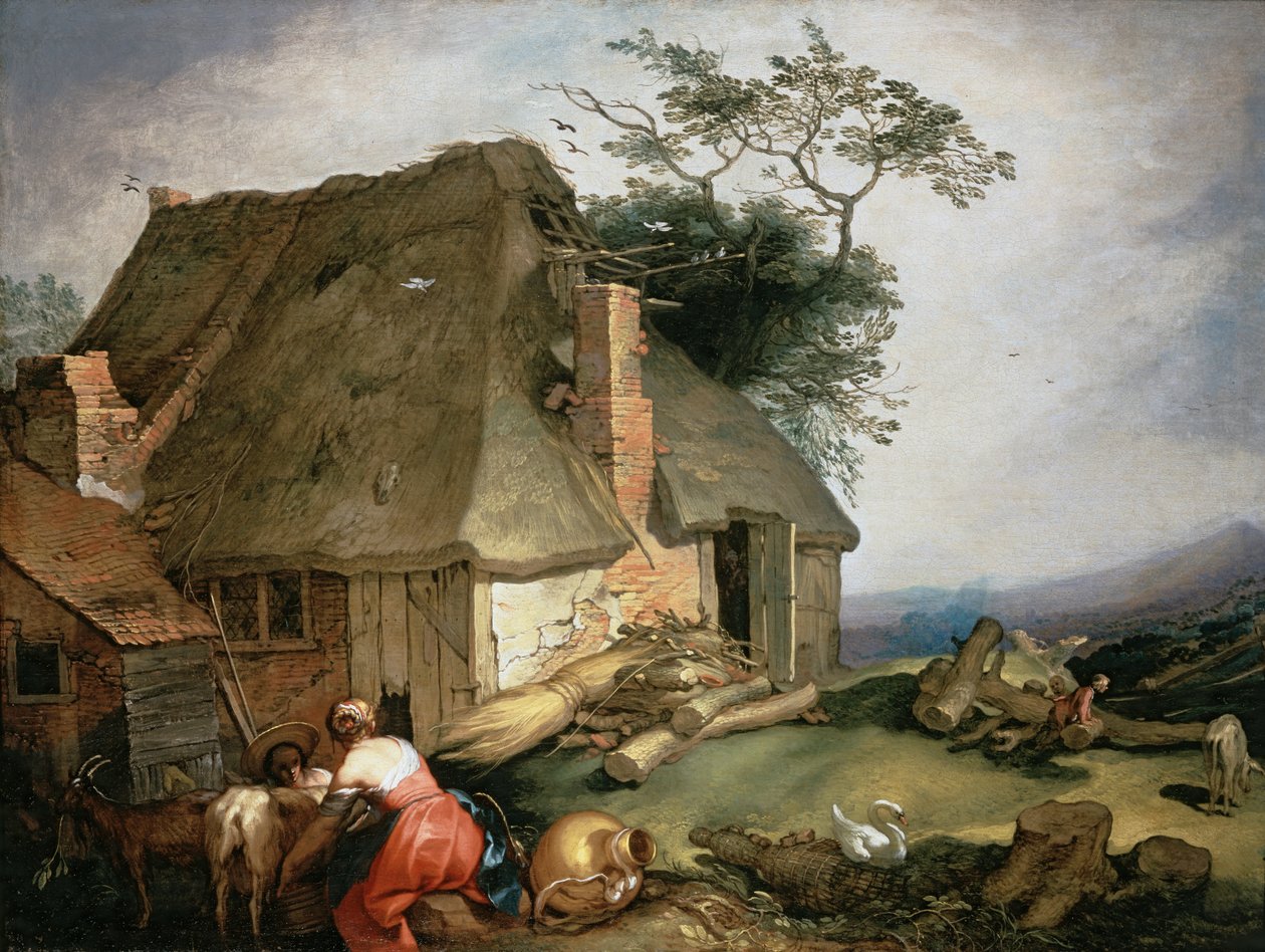 Mökki, jossa talonpojat lypsivät vuohia tekijältä Abraham Bloemaert
