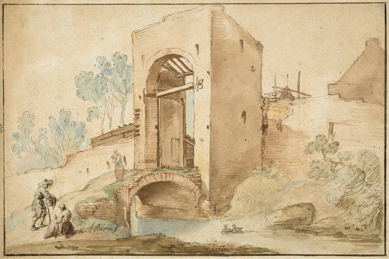 Portti kaupunkiin, n. 1630 (kynä & ruskea muste korotettu wc:llä ladattuun paperiin) tekijältä Abraham Bloemaert