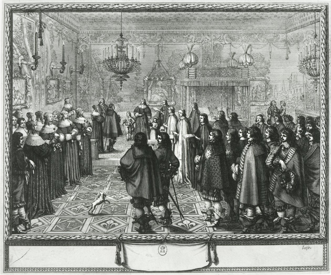 Wladyslaw IV:n (1595-1648) ja Maria Ludwiga Gonzagan (1611-67) avioliittosopimuksen hyväksymisseremonia Fontainebleaussa, 25. syyskuuta 1645 tekijältä Abraham Bosse