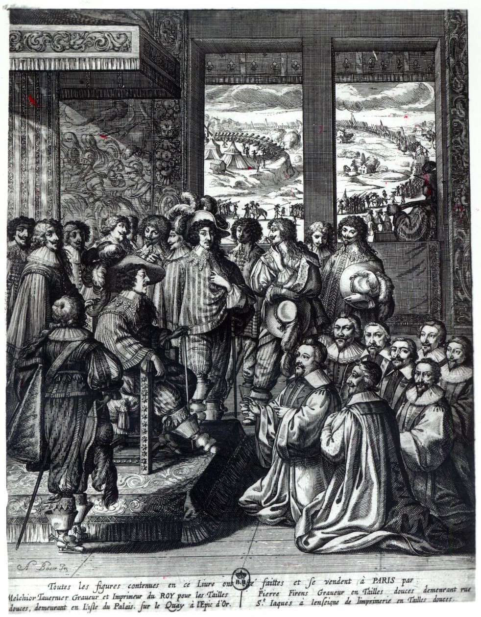 Ludvig XIII (1601-43) palasi La Rochellen piirityksestä Prevot des Marchandsin onnittelemana tekijältä Abraham Bosse