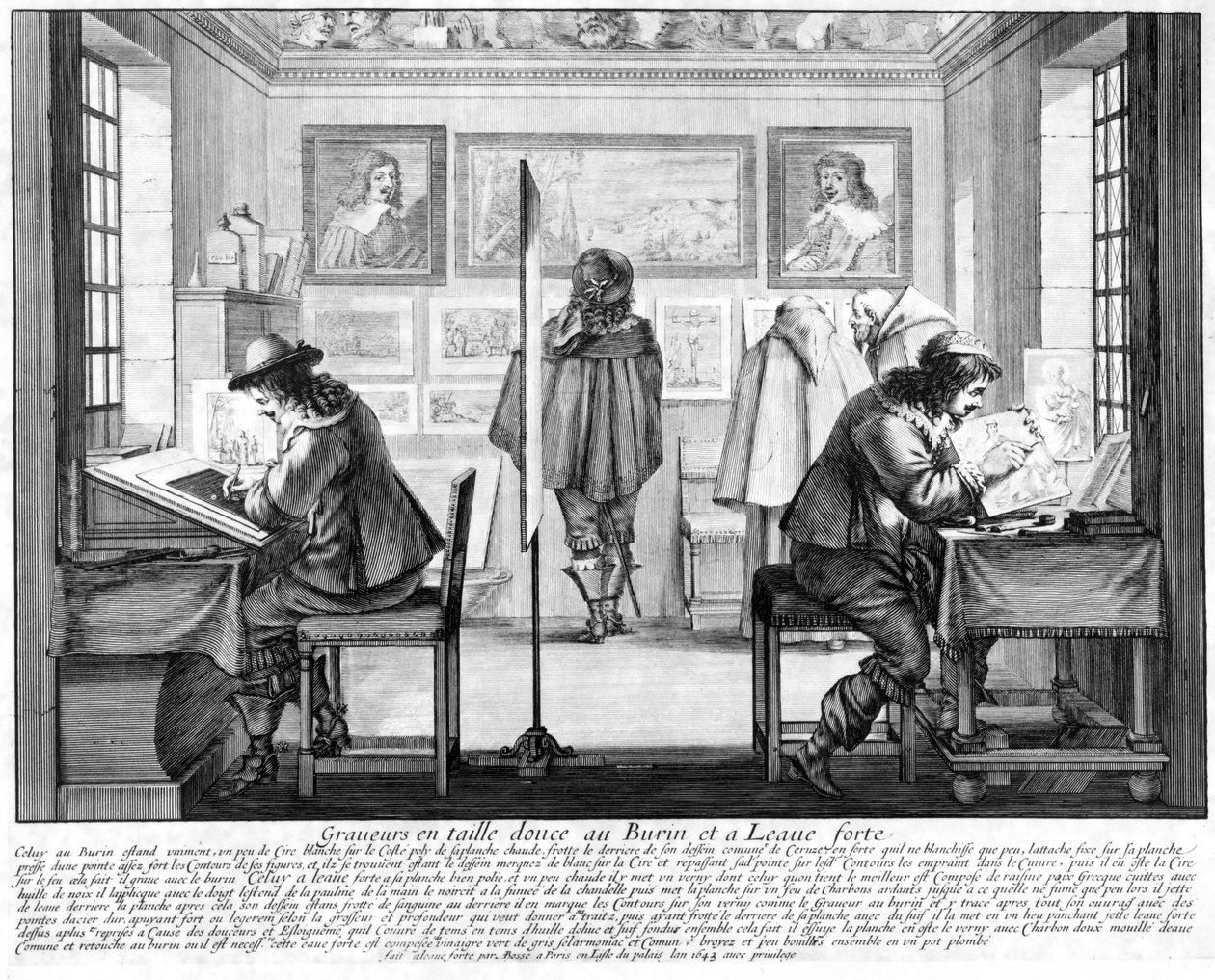 Levykaiverajat työskentelevät gallerian kanssa takana, 1643 tekijältä Abraham Bosse