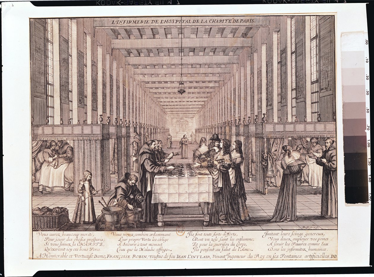 Hyväntekeväisyyssisarten sairaala Itävallan Annen (1601-66) vierailun aikana 1635 (ks. myös 208680). tekijältä Abraham Bosse