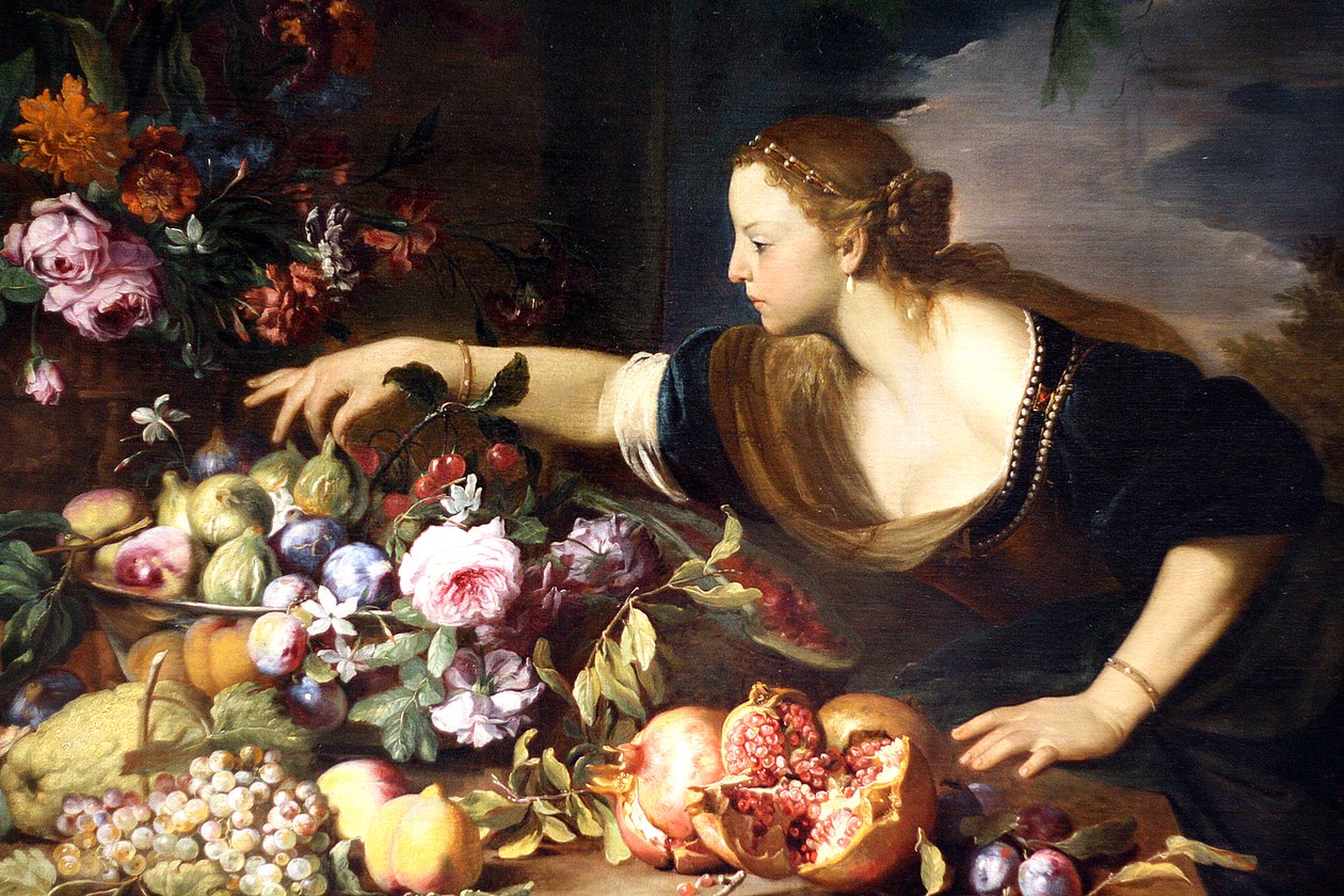 Nainen tarttuu hedelmiin tekijältä Abraham Brueghel