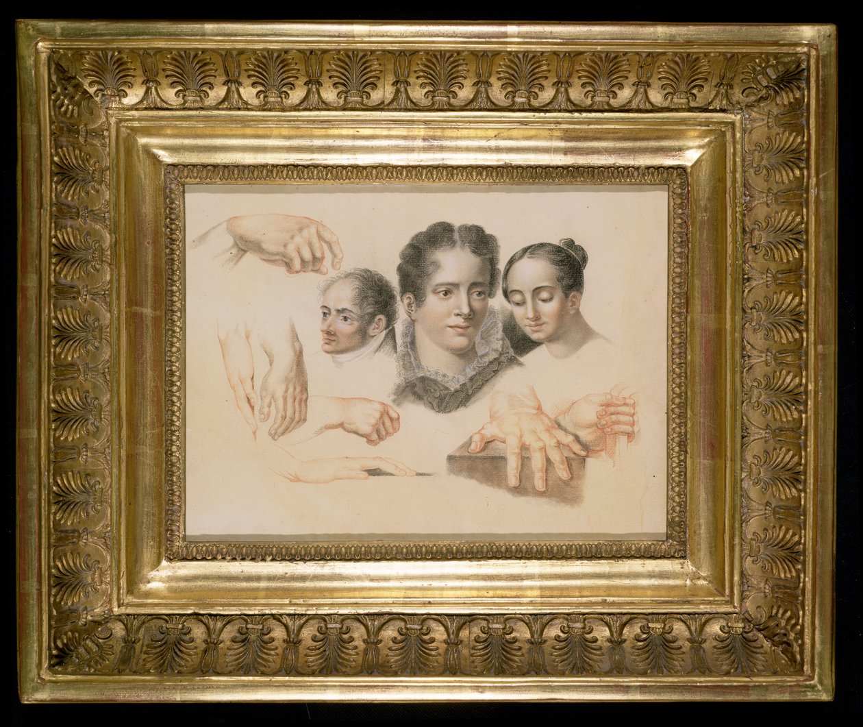 Tutkimuksia naisten ja miesten päistä ja käsistä, 1815 (punainen ja musta liitu paperille) tekijältä Abraham Constantin