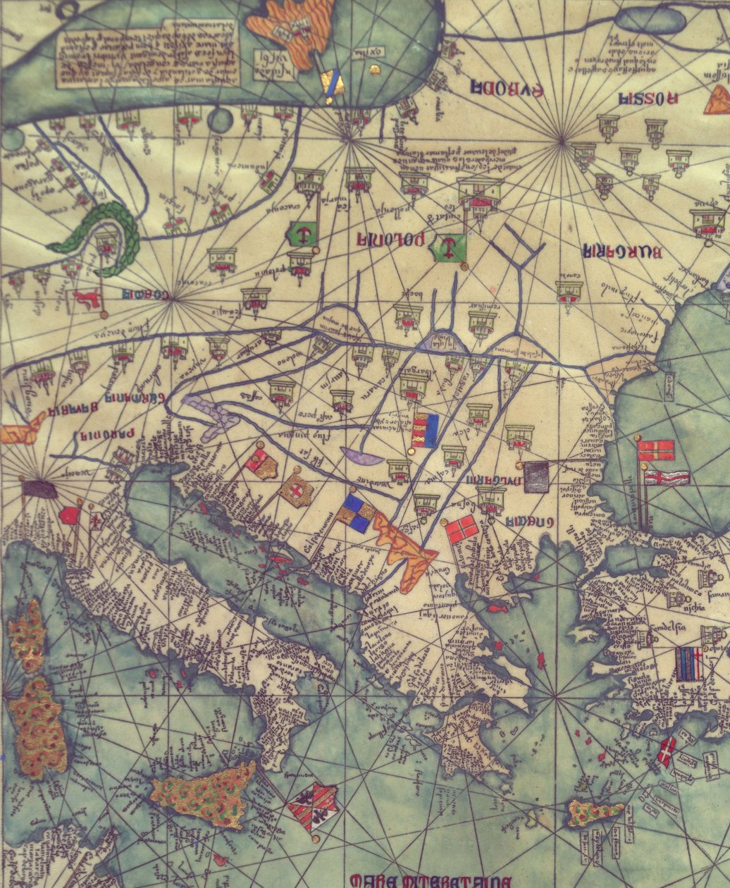 Itä -Euroopan kartta, näkymä etelästä. Katalonian atlas. tekijältä Abraham Cresques