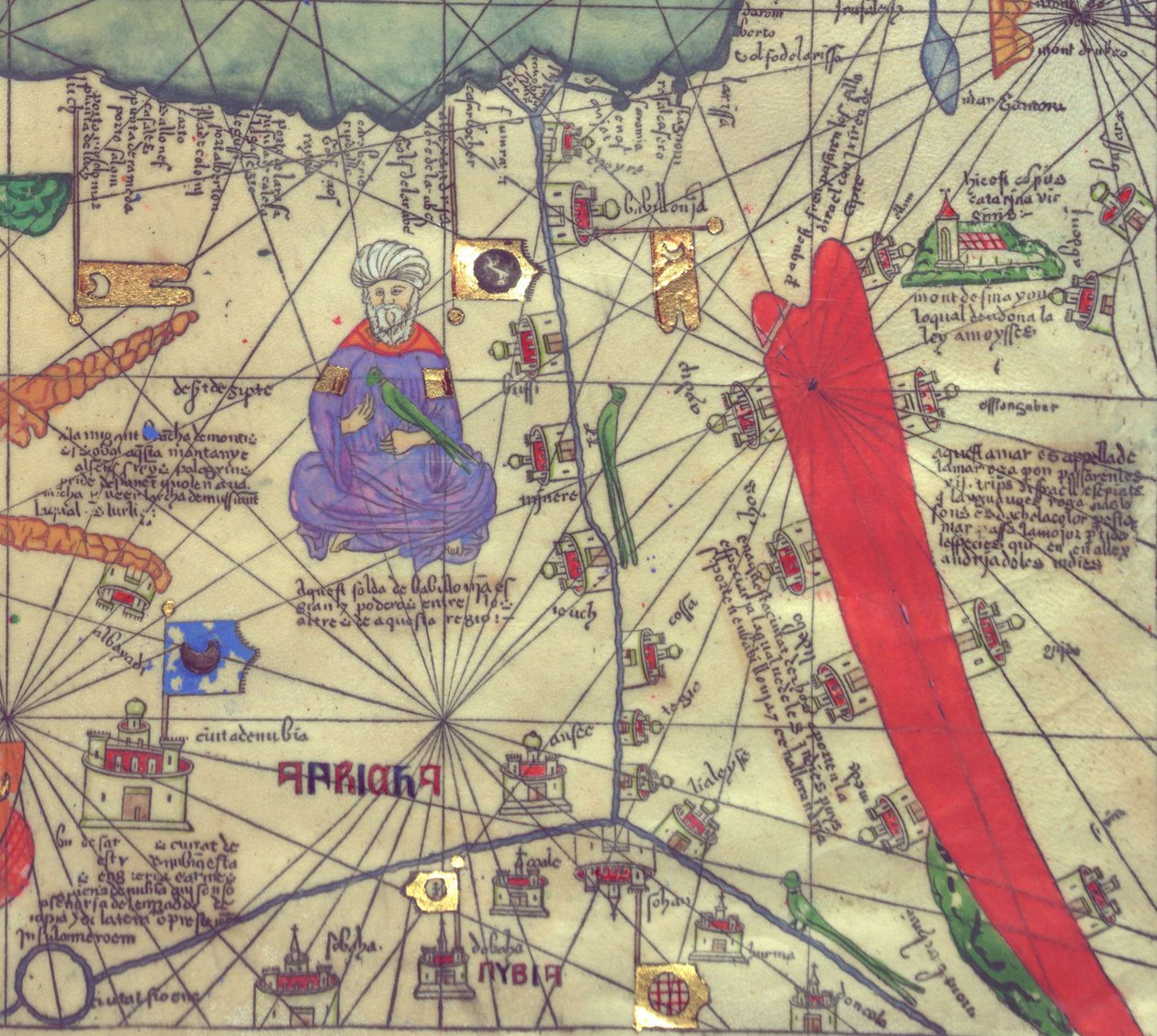 Kartta Koillis -Afrikasta ja Lounais -Levantista, näkymä etelästä. Katalonian atlas. tekijältä Abraham Cresques