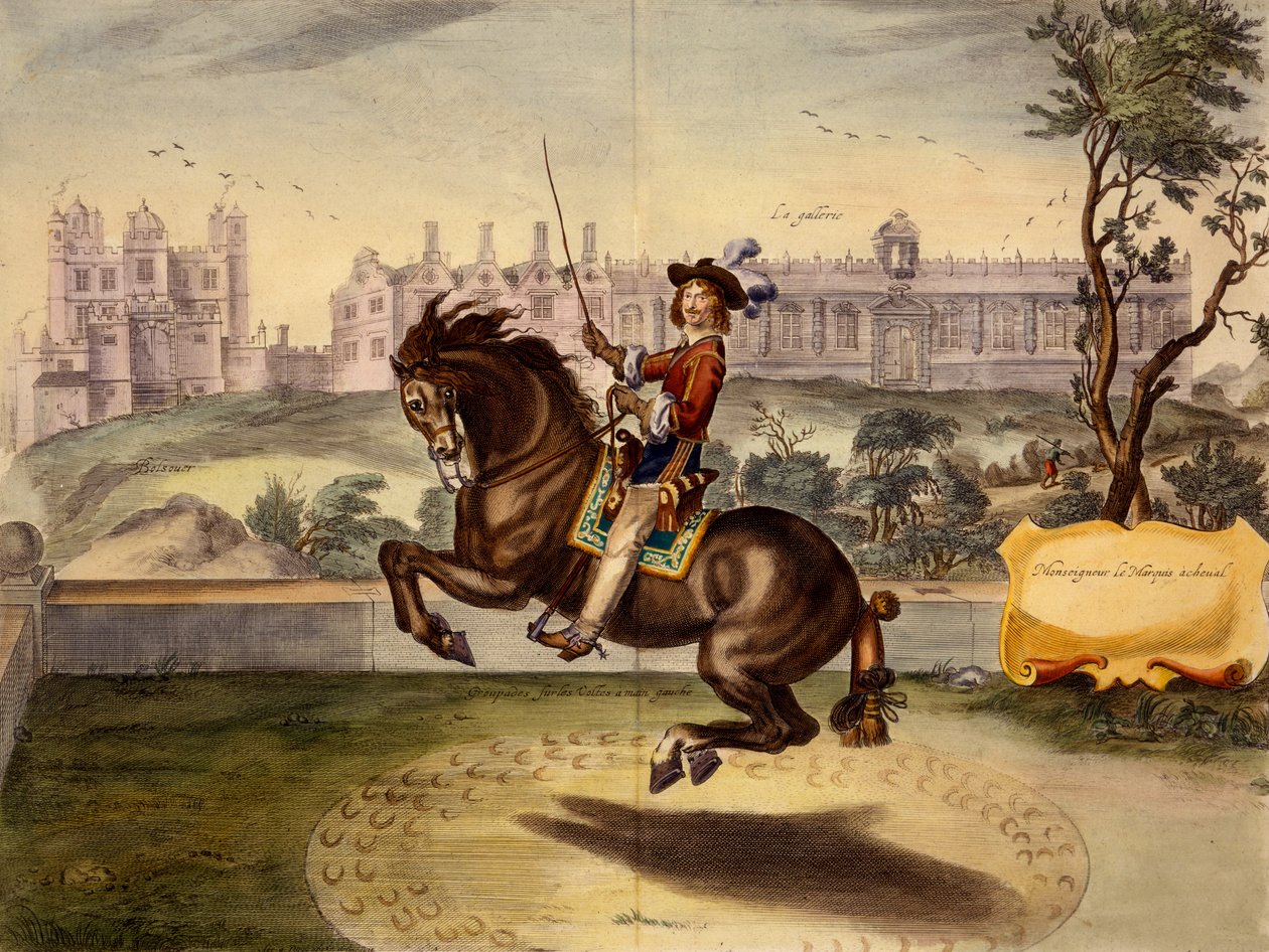 Cavendish esittää volttia, taustalla Bolsoverin linna ja sen maneesikortteli, William Cavendishin teoksesta The Method and New Invention of Dressing Horses, julkaistu 1737 (2. päivä) (akvatinta) tekijältä Abraham van Diepenbeeck
