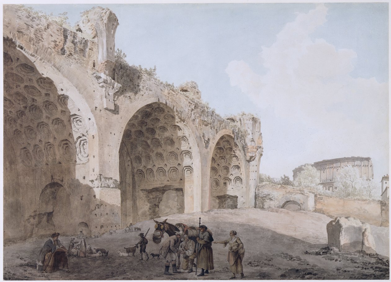 Näkymä Forum Romanumissa (Rauhan temppeli) 1779 (wc kynällä ja musteella kynällä paperille) tekijältä Abraham Louis Rudolph Ducros