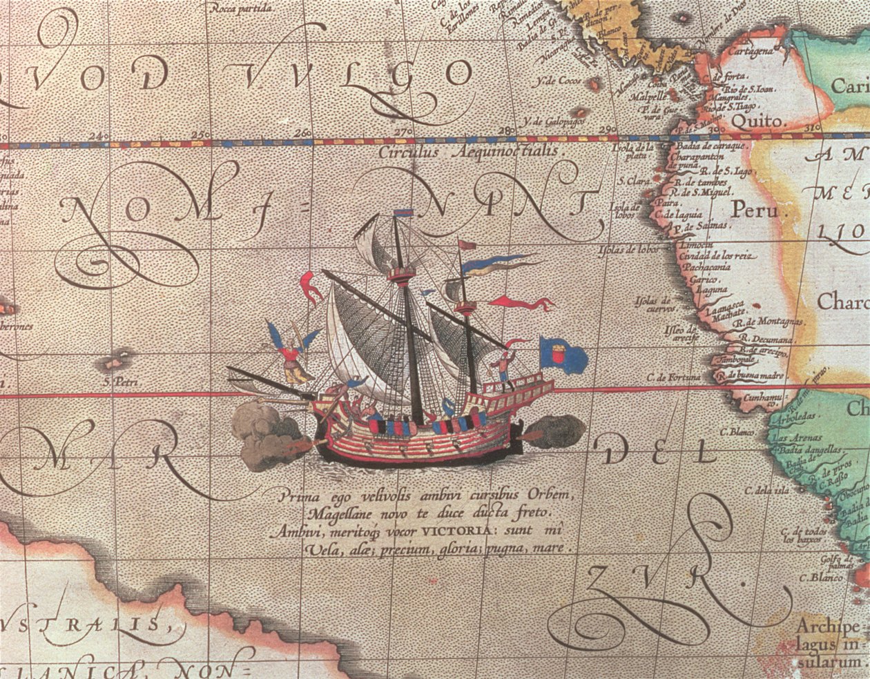Purjelaiva, joka ampuu kanuunaansa, yksityiskohta Tyynenmeren, Kiinan ja Amerikan kartalta, 1599 (katso myös 18634) tekijältä Abraham Ortelius
