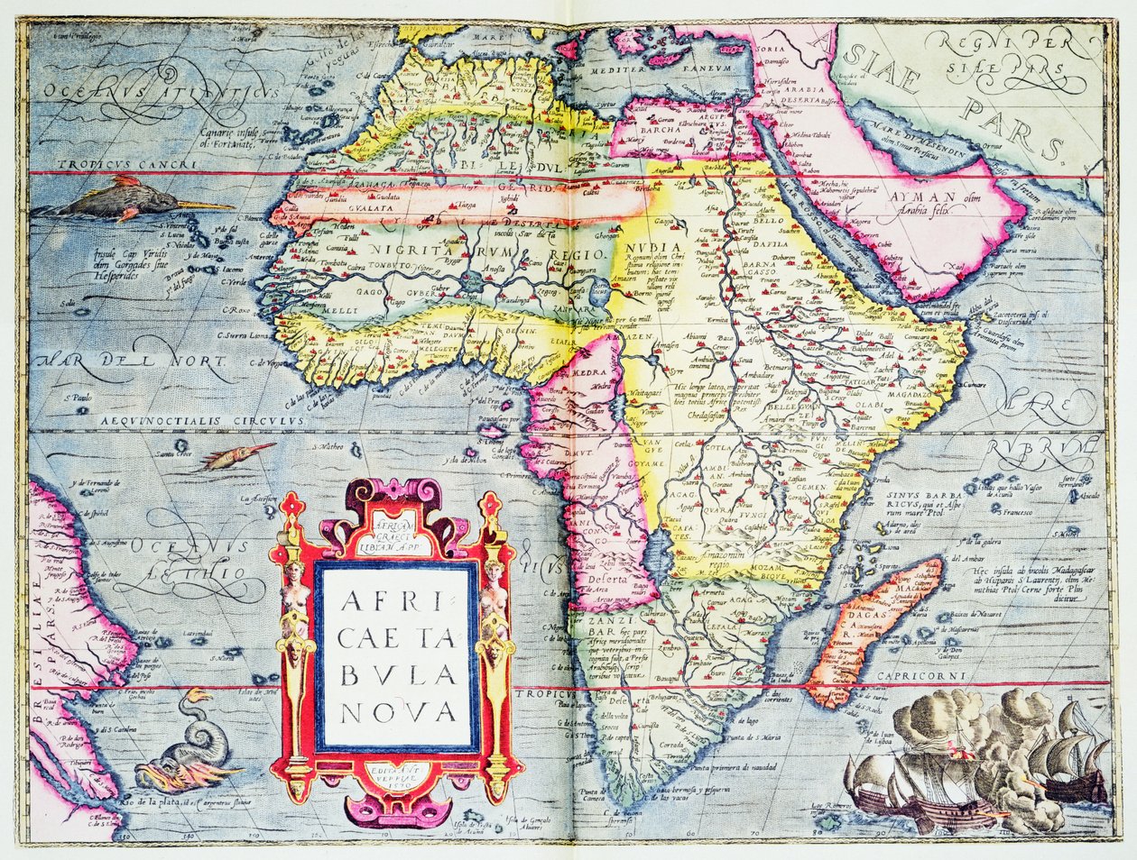 Africae tabvla nova, 1570 (värikaiverrus) tekijältä Abraham Ortelius