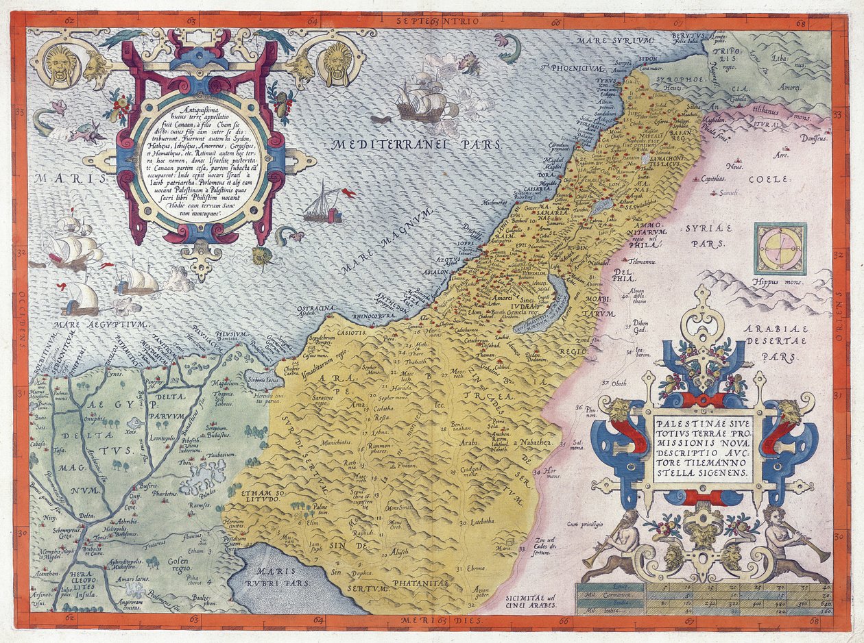 Palestiinan kartta, Theatrvm Orbis Terrarvm, 1570 (käsinvärinen kaiverrus) tekijältä Abraham Ortelius
