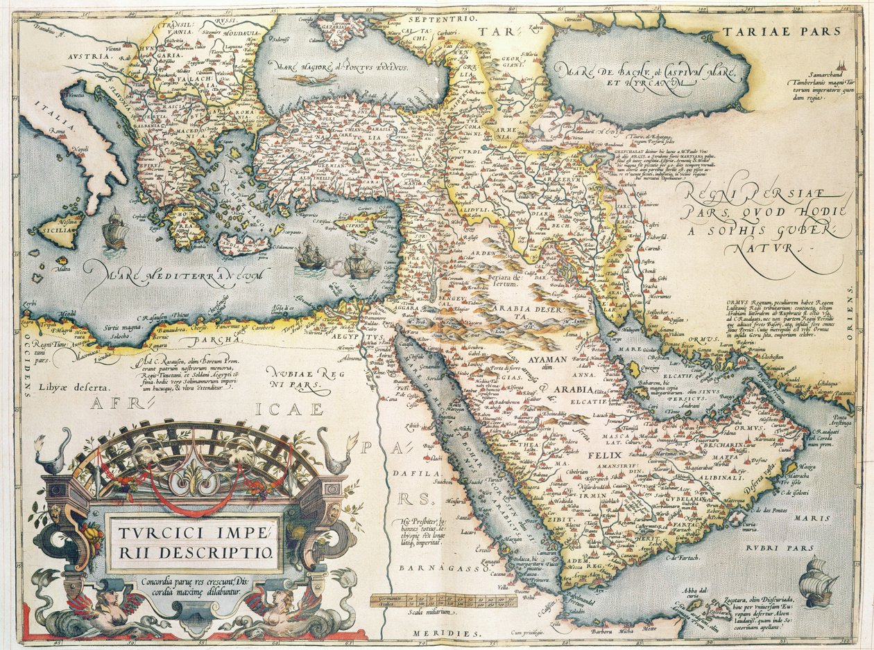 Lähi-idän kartta, Theatrum Orbis Terrarum, 1570 (käsinvärinen kaiverrus) tekijältä Abraham Ortelius