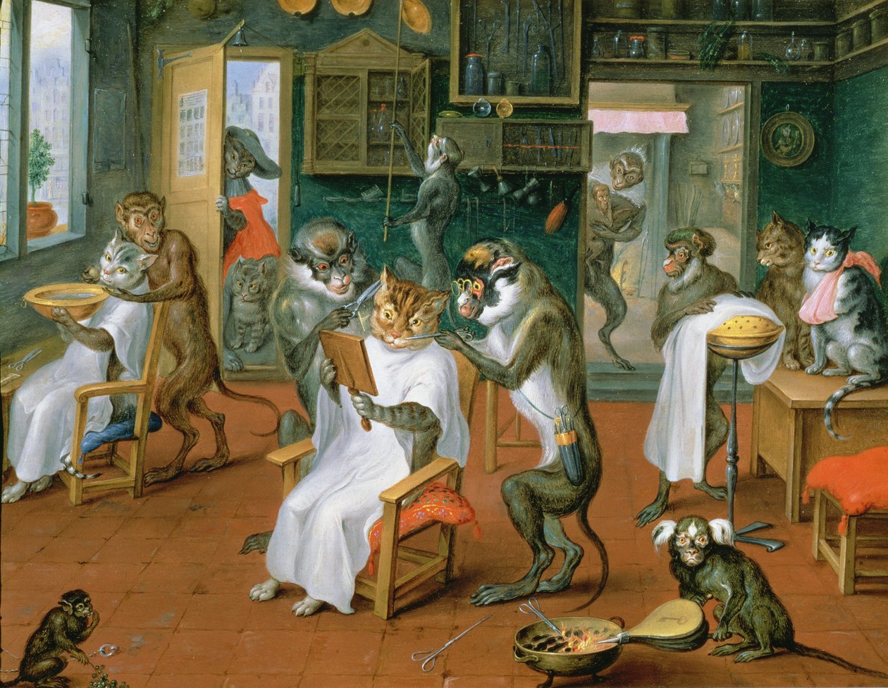 Parturi-kampaamo apinoiden ja kissojen kanssa (öljy kuparille) tekijältä Abraham Teniers