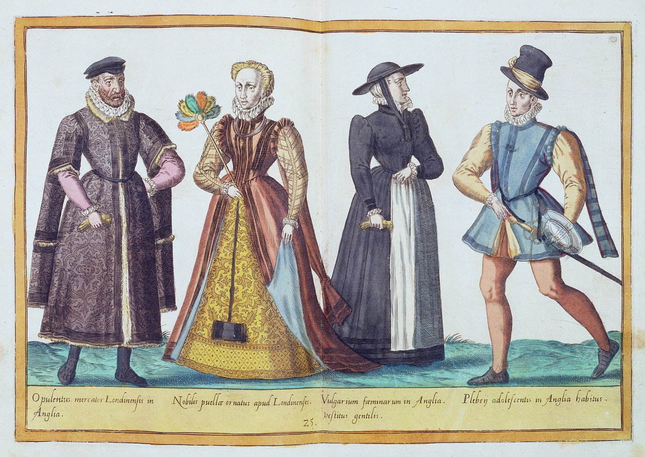 1500-luvun englantilaiset puvut "Omnium Poene Gentium Imaginesista", julkaistu Kölnissä, 1577 (käsinvärinen kaiverrus) tekijältä Abraham de Bruyn