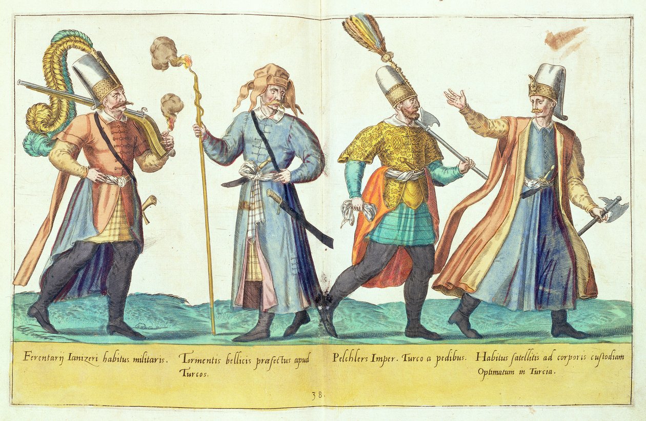 1500-luvun puvut "Omnium Poene Gentium Imaginesista", julkaistu Kölnissä, 1577 (käsinvärinen kaiverrus) tekijältä Abraham de Bruyn