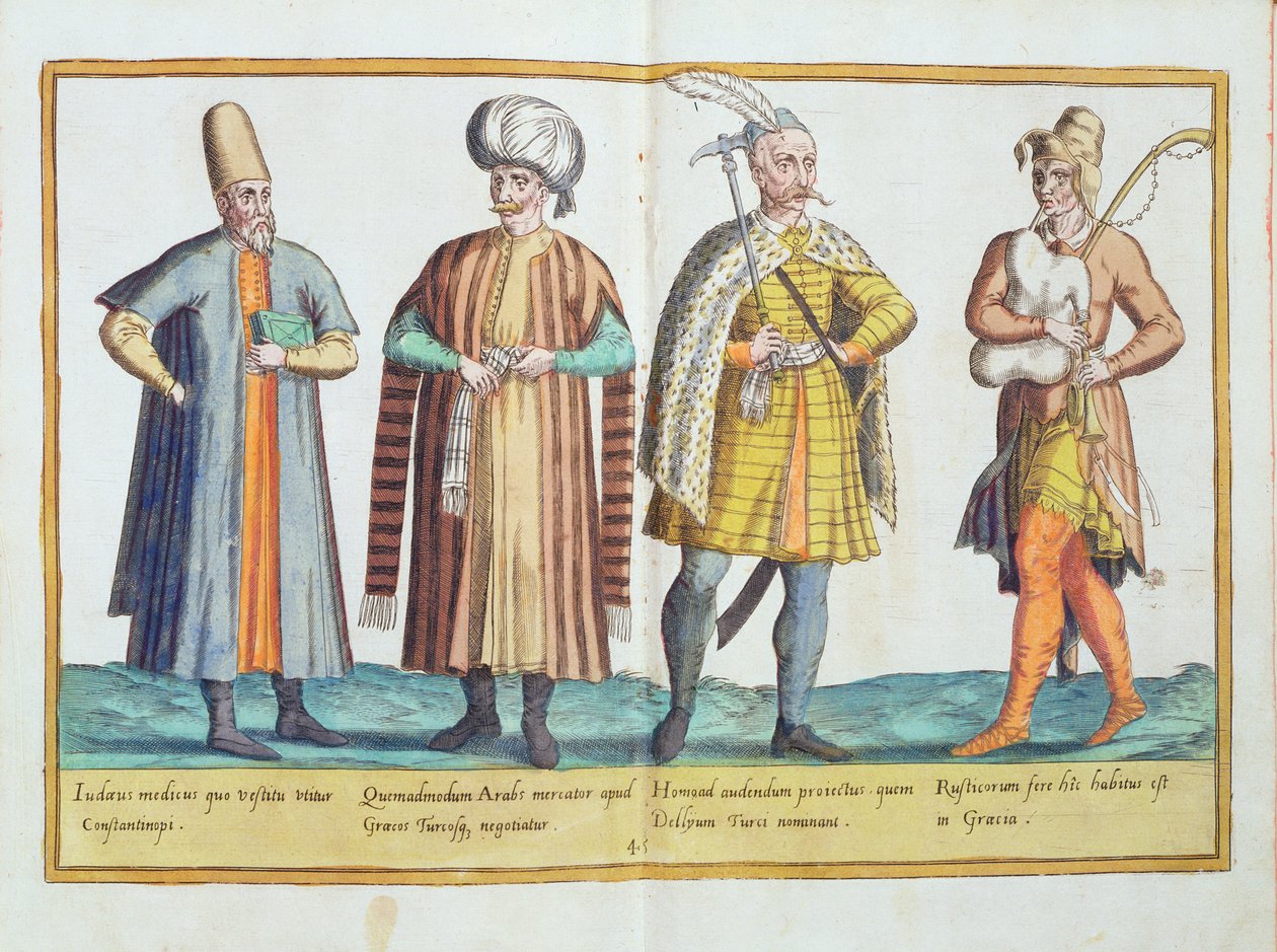 1500-luvun puvut "Omnium Poene Gentium Imaginesista", julkaistu Kölnissä, 1577 (käsinvärinen kaiverrus) tekijältä Abraham de Bruyn