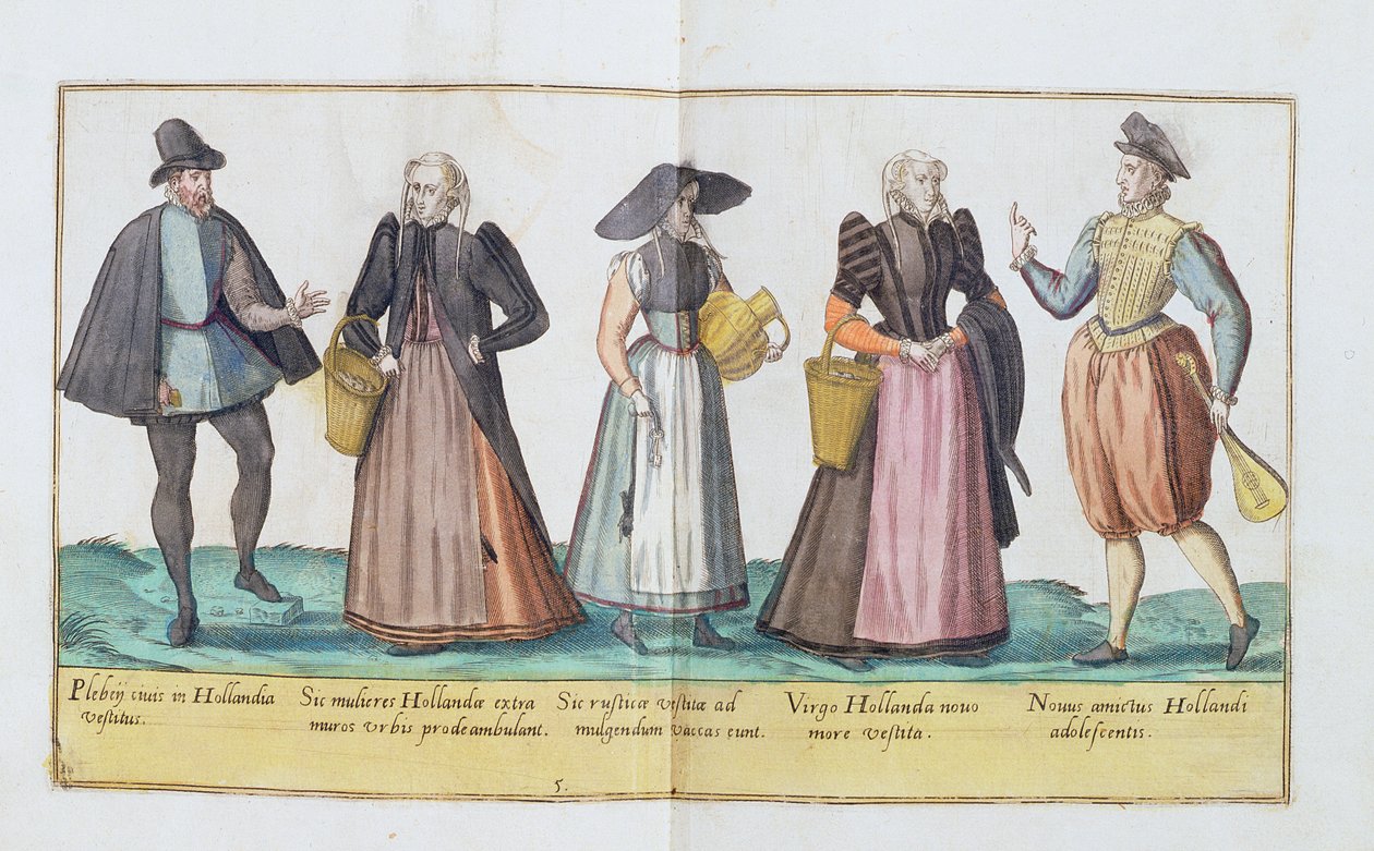1500-luvun puvut "Omnium Poene Gentium Imaginesista", julkaistu Kölnissä, 1577 (käsinvärinen kaiverrus) tekijältä Abraham de Bruyn