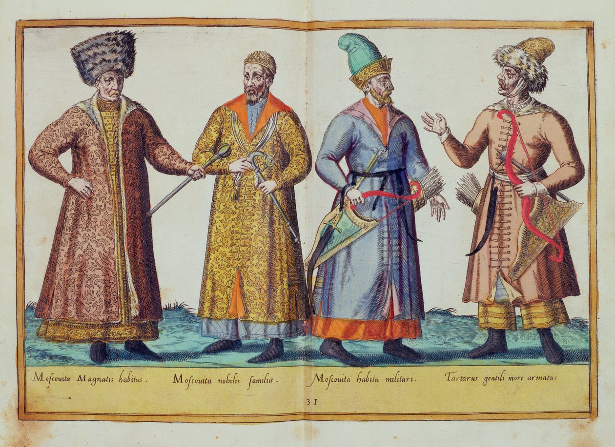 1500-luvun puvut "Omnium Poene Gentium Imaginesista", julkaistu Kölnissä, 1577 (käsinvärinen kaiverrus) tekijältä Abraham de Bruyn
