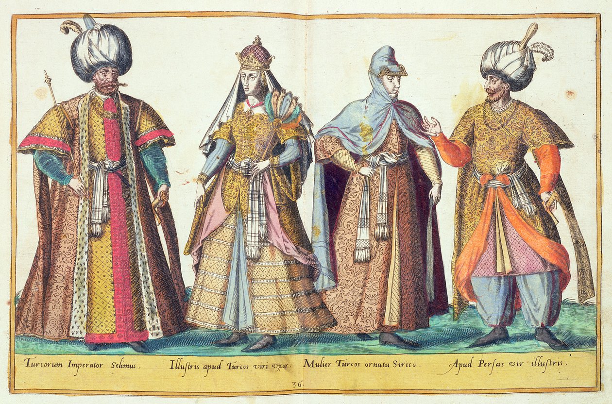 1500-luvun puvut "Omnium Poene Gentium Imaginesista", julkaistu Kölnissä, 1577 (käsinvärinen kaiverrus) tekijältä Abraham de Bruyn