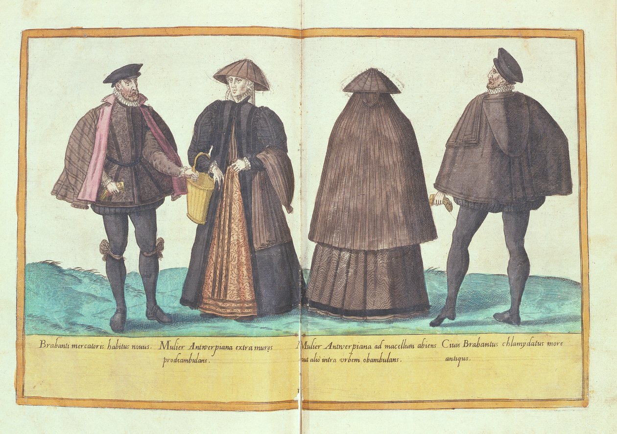 1500-luvun puvut "Omnium Poene Gentium Imaginesista", julkaistu Kölnissä, 1577 (käsinvärinen kaiverrus) tekijältä Abraham de Bruyn