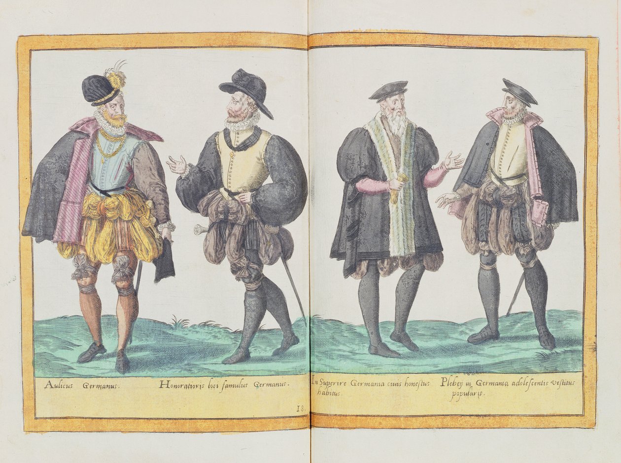 1500-luvun puvut "Omnium Poene Gentium Imaginesista", julkaistu Kölnissä, 1577 (käsinvärinen kaiverrus) tekijältä Abraham de Bruyn