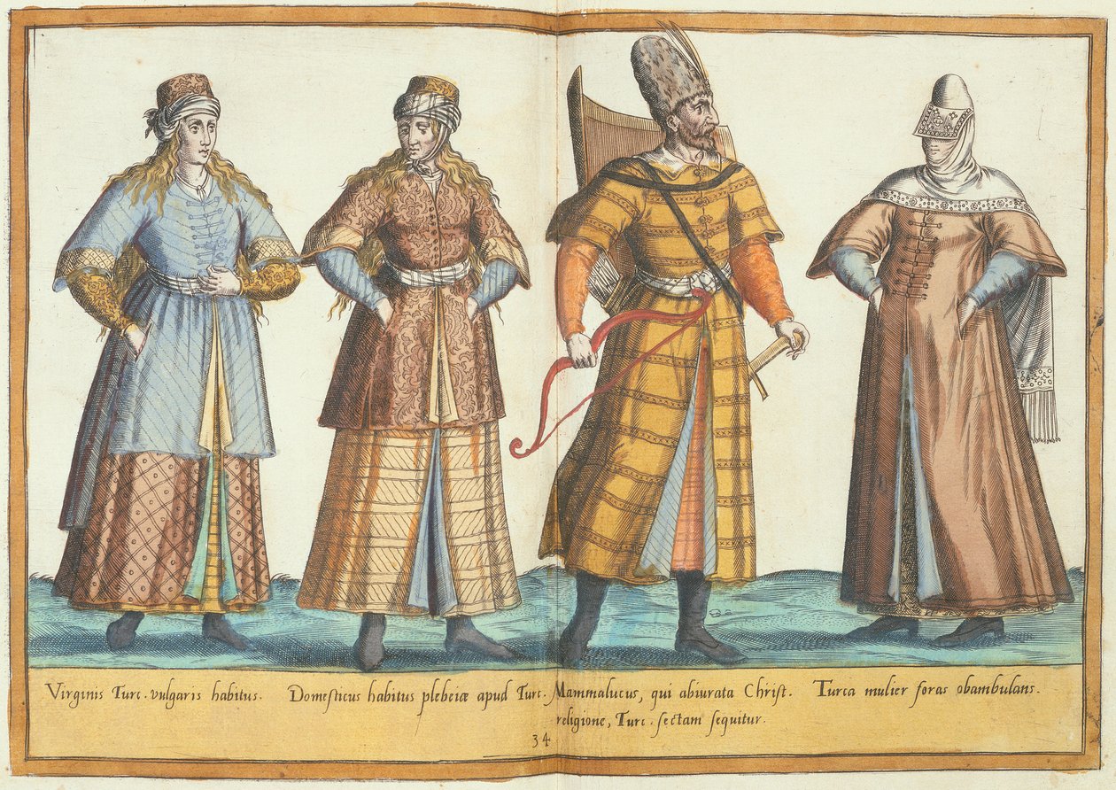 1500-luvun puvut teoksesta "Omnium Poene Gentium Imagines", julkaistu Kölnissä 1577 (käsin väritetty kaiverrus). tekijältä Abraham de Bruyn